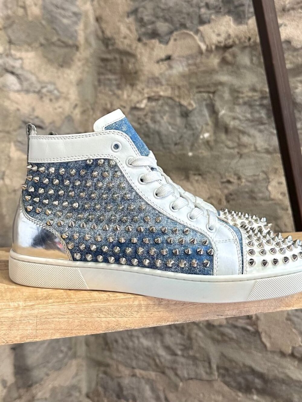 Christian Louboutin Washed Blue Denim Louis Spikes Sneakers